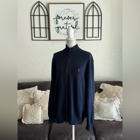 Polo Ralph Lauren Navy Blue Full Zip Cable Knit Sweater Men’s Size XL Classic - Picture 2 of 15